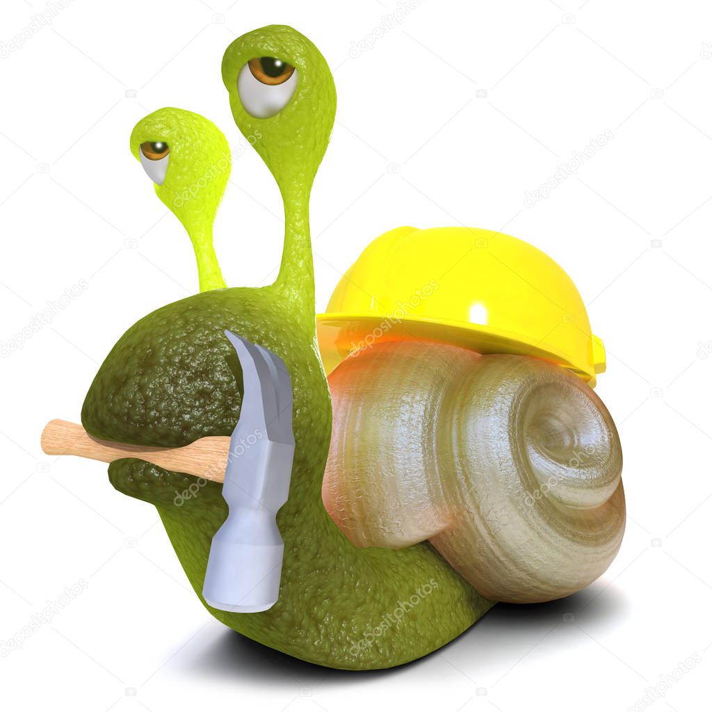 3d render of a funny cartoon snail bug character wearing a hard hat and holding a hammer
