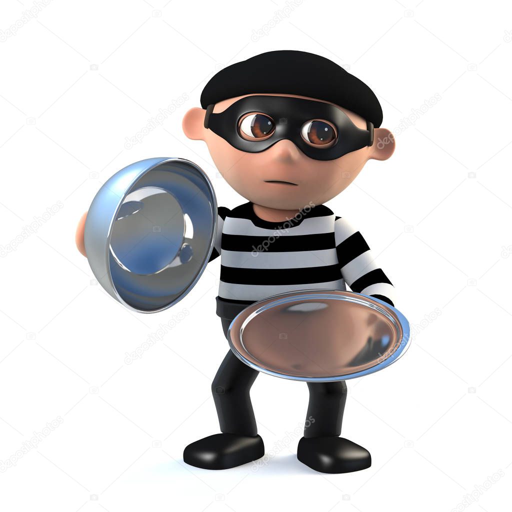 3d render of a funny cartoon burglar character holding a silver service tray and lid