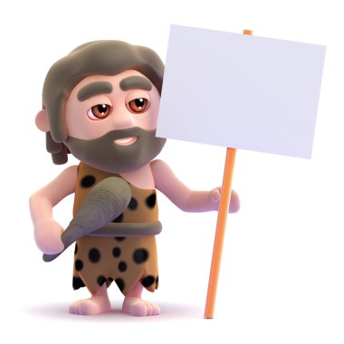 bir mağara adamı bir afiş tutarak 3D render