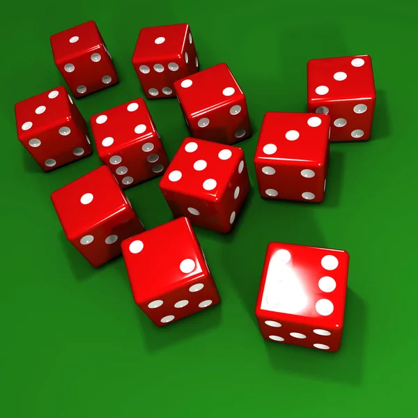 Render Lots Red Dice Green Background — Stock Photo, Image