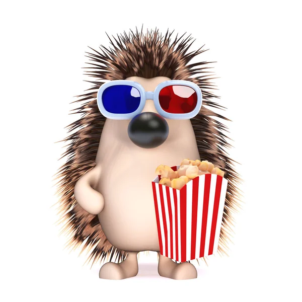 Render Hedgehog Eating Popcorn Movies — Stock Photo, Image