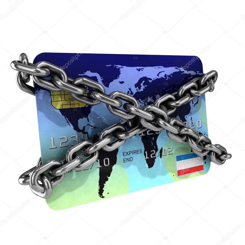 3d render of a debit card wrapped in chains