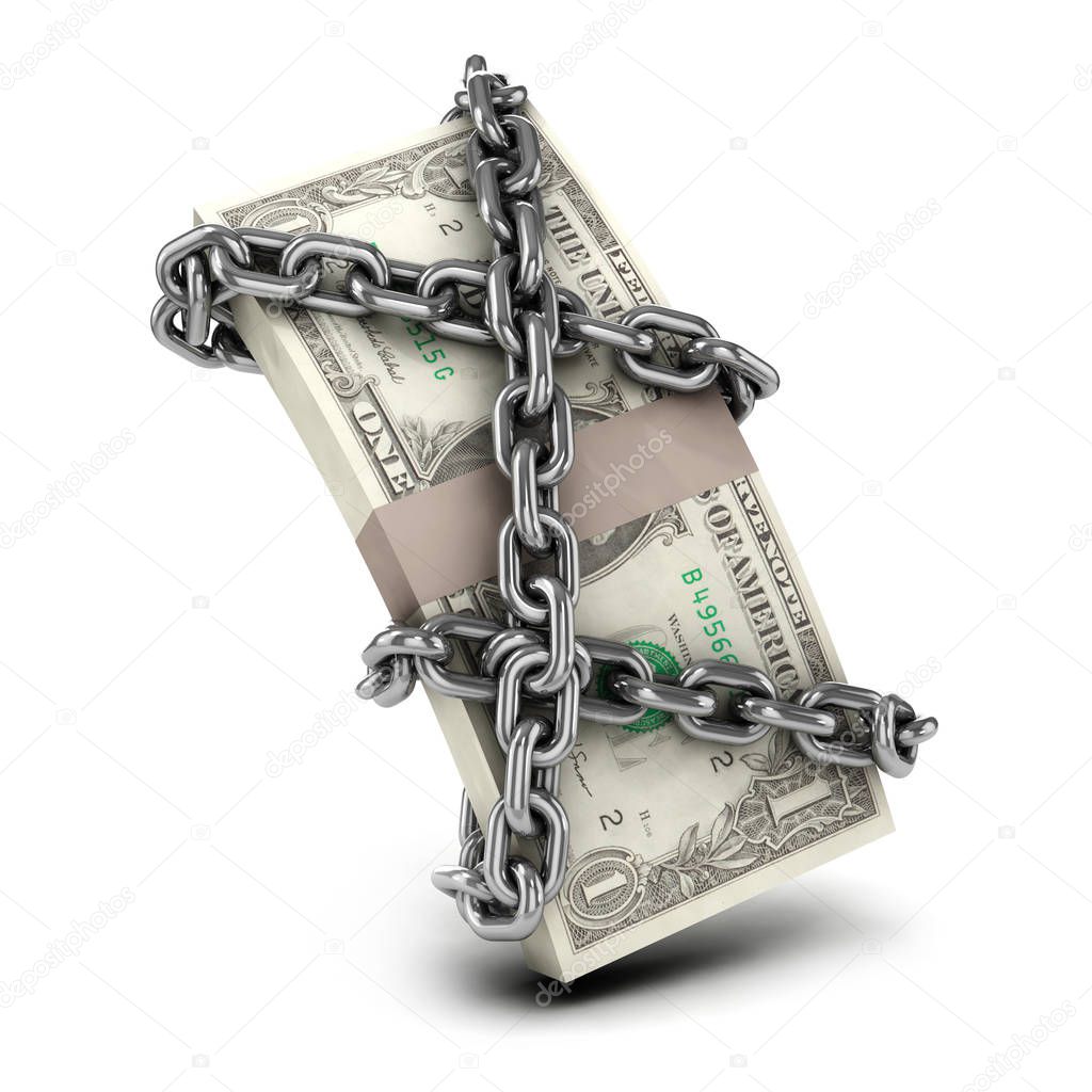 3d render of US Dollars wrapped in chains