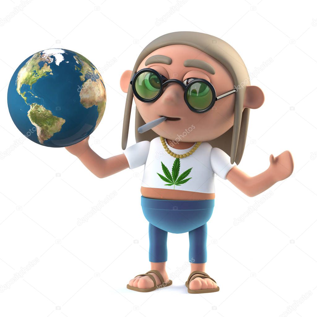 3d render of a hippie stoner holding a globe of the Earth