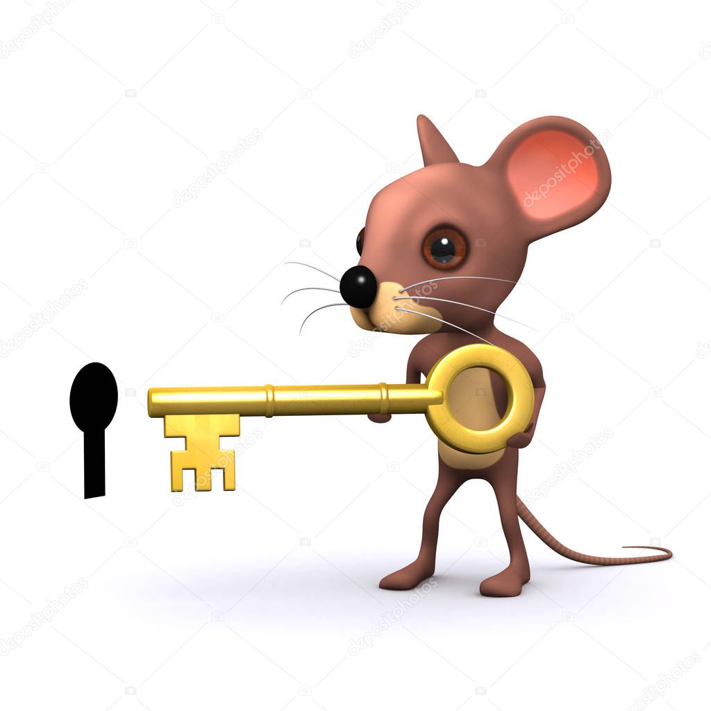 3d Funny cartoon mouse holding a giant gold key