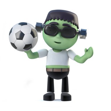 bir futbol topu tutan şirin bir frankenstein canavarı 3D render
