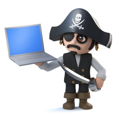 bir dizüstü pc aygıtı tutan bir korsan Kaptan 3D render