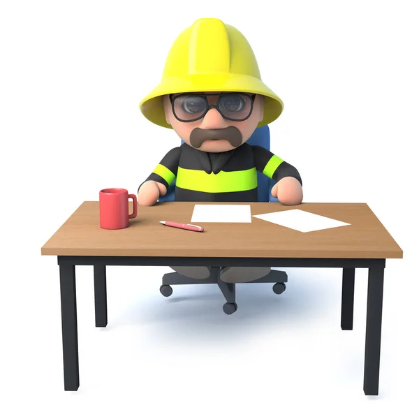 一个消防员坐在办公桌前的渲染 — 图库照片