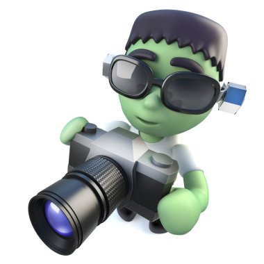 3D render bir komik karikatür frankenstein halloween canavar bir kamera tutarak