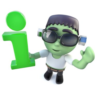 komik karikatür frankenstein canavarı 3D render karakter bir bilgi simgesi tutan