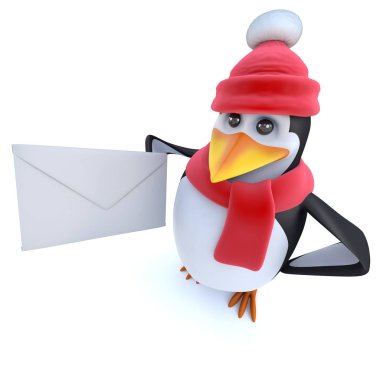 bir posta zarf tutan bir komik karikatür kış penguen 3D render