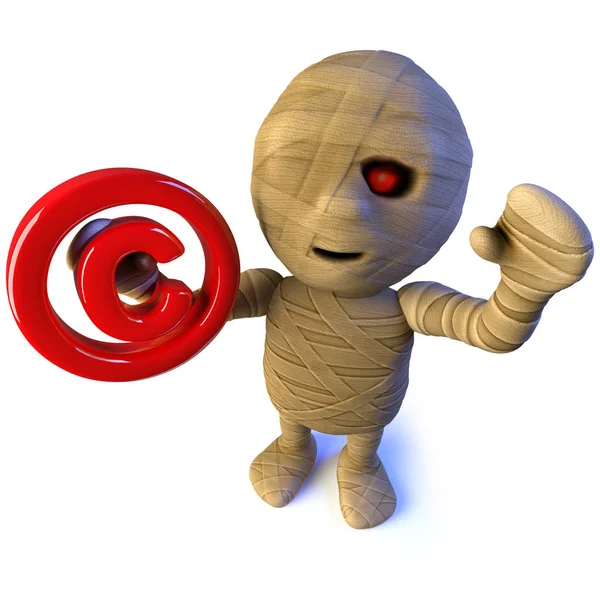 3d render of a funny cartoon Egyptian mummy monster character holding a copyright symbol