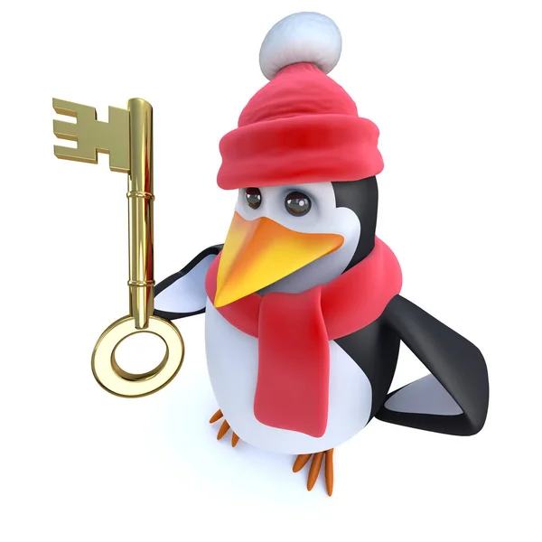 Рендеринг Смешной Мультяшный Пингвин Одет Зиму Держит Золотой Ключ — стоковое фото