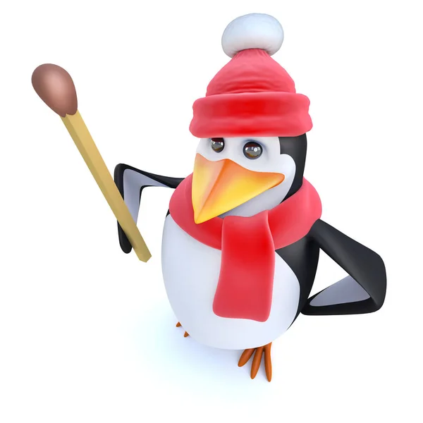 Egy Vicces Pingvin Rajzfilmfigura Render Öltözött Télen Tartja Mérkőzés — Stock Fotó