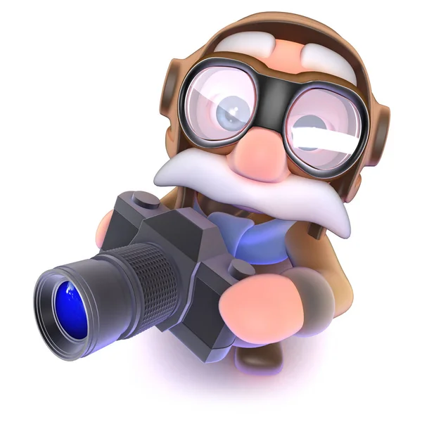 3d render of a funny cartoon airline pilot character holding a camera