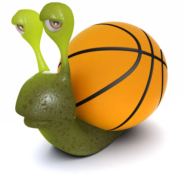 Renderizado Divertido Caracol Dibujos Animados Con Una Pelota Baloncesto Lugar — Foto de Stock