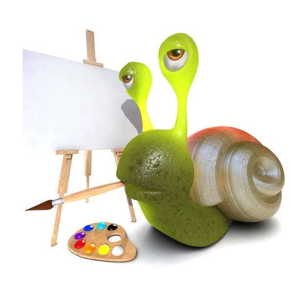 3d render of a funny cartoon snail character painting a picture