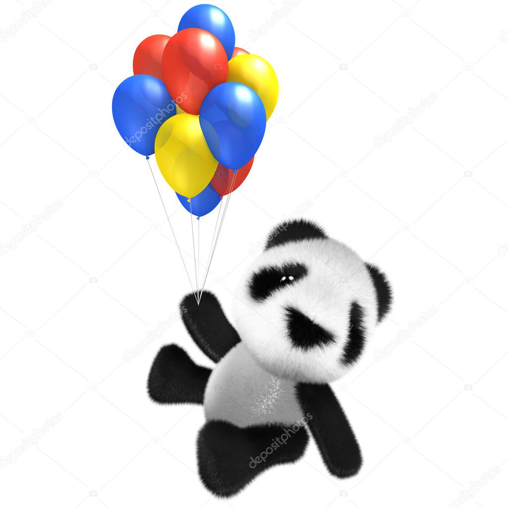 3d render of a funny cartoon baby panda bear character flying with some balloons!