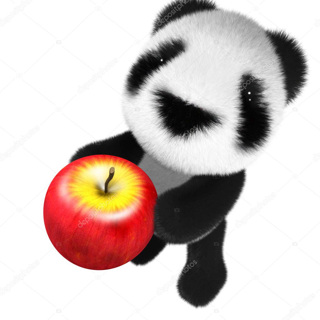 3d render of a cute and funny baby panda bear character holding an apple