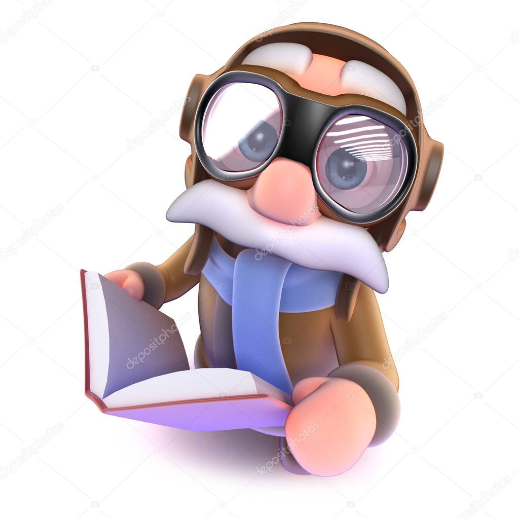 3d render of a funny cartoon airline pilot character reading a book