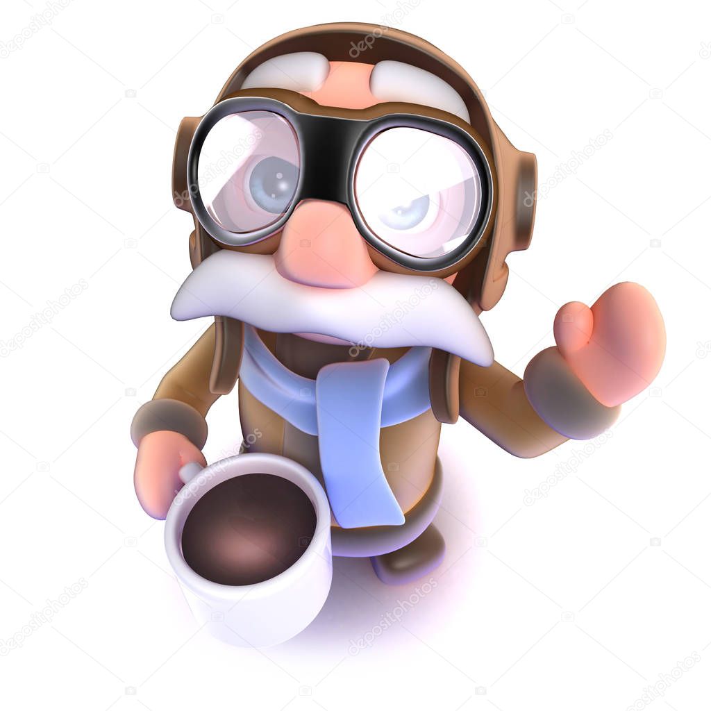 3d render of a funny cartoon airline pilot character drinking a cup of coffee or tea