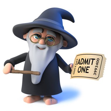 3D render bir komik çizgi film Sihirbazı sihirbaz karakteri göstermek için giriş bileti