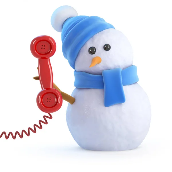 Renderização Boneco Neve Segurando Telefone Aparelho — Fotografia de Stock