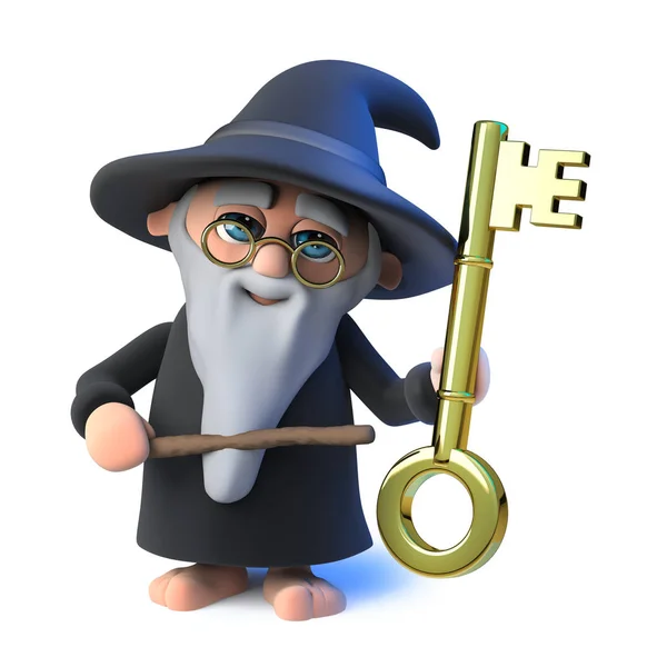 Render Funny Cartoon Wizard Magician Character Points Gold Key His — Stock Photo, Image