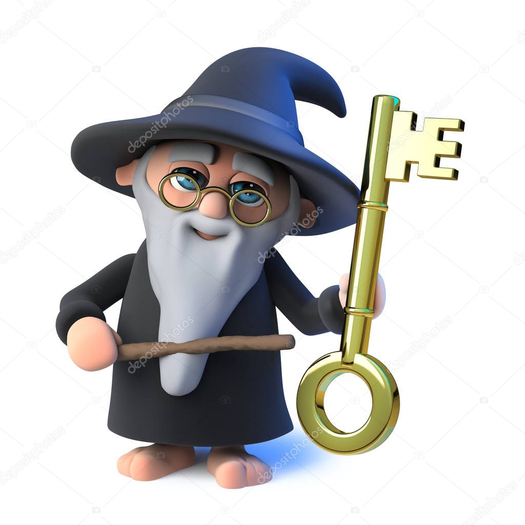 3d render of a funny cartoon wizard magician character points to a gold key with his magic wand