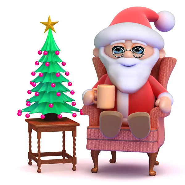 Render Santa Claus Karácsonyfa Mellett Ülő — Stock Fotó