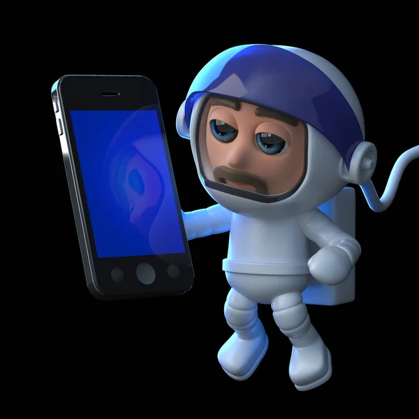 Renderização Astronauta Flutuando Espaço Usando Smartphone — Fotografia de Stock