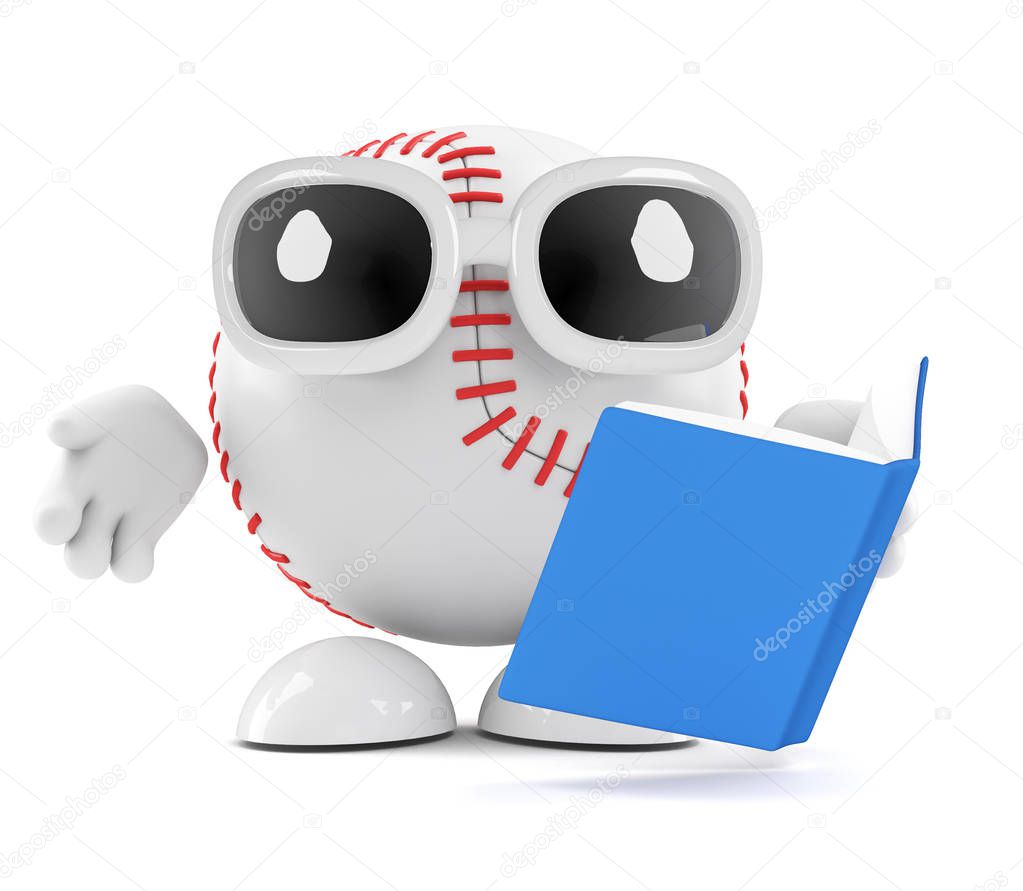 3d render of a baseball character reading a book