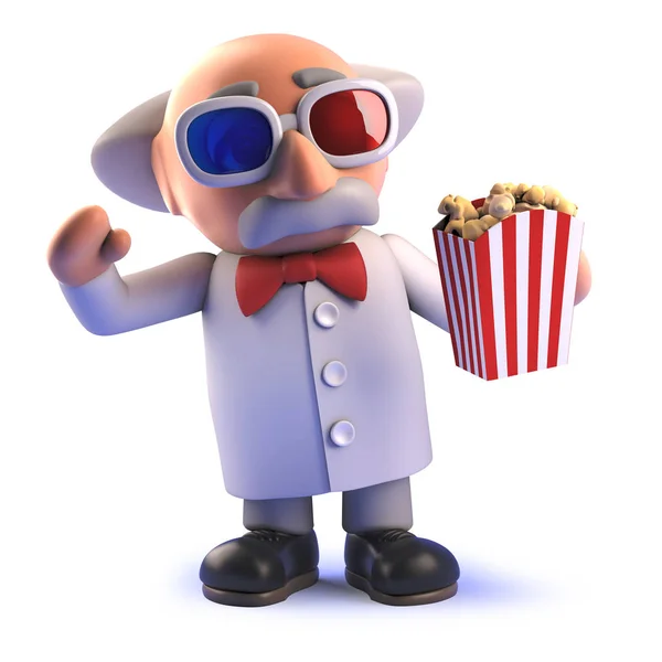 Çılgın deli bilim adamı 3d gözlük ve patlamış mısır ile bir film izlerken 3d — Stok fotoğraf