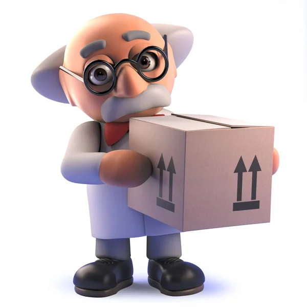 Cartoon mad scientist professor in 3d holding a carboad box delivery