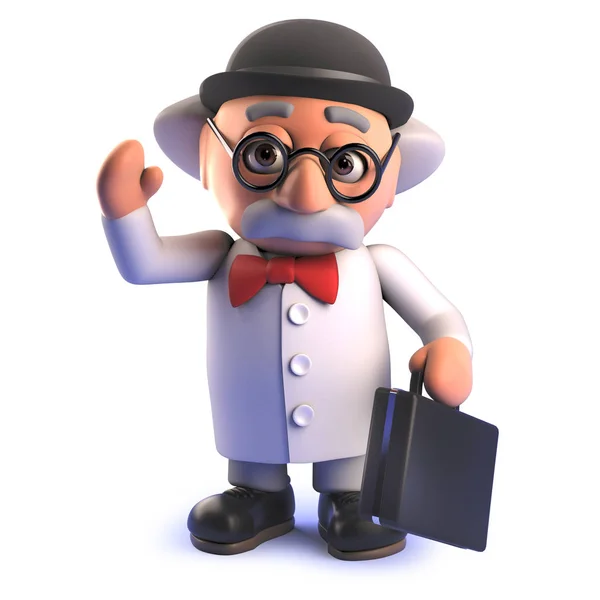 Loco científico profesor personaje en 3d usando un sombrero de jugador de bolos y sosteniendo un maletín —  Fotos de Stock