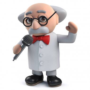 3d çılgın bilim adamı karakter bir mikrofona şarkı