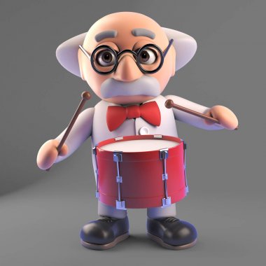 Crazy mad bilim adamı profesör davul, 3d illüstrasyon çalış