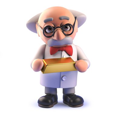 3d bir altın külçe külçe tutan Karikatür deli bilim adamı