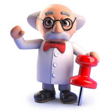 Bir raptiye ile Mad scientist çizgi film karakteri, 3d illüstrasyon