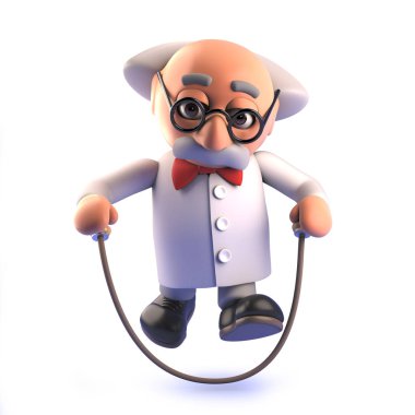 Bir atlama ipi kullanarak 3d Çılgın bilim adamı karakteri