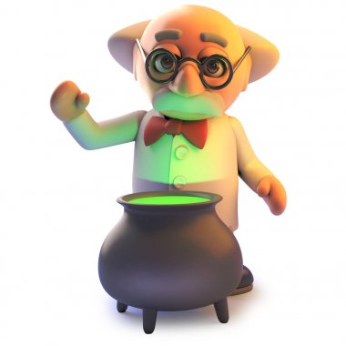 3d çizgi film deli bilim adamı karakter onun sihirli kazan da bir büyü demler