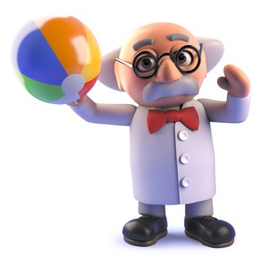 Tatilde bir plaj topu ile oynarken 3d Mad scientist çizgi film karakteri