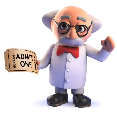 Karikatür deli bilim adamı 3d karakter kabul için bir bilet tutarak