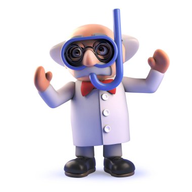 Bir tüplü dalış maskesi ve şnorkel giyen 3d deli bilim adamı profesör