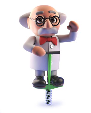 Cartoon 3d mad scientist character bouncing on a pogo stick clipart