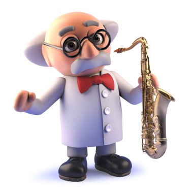 Bir saksafon oynarken 3d Crazy karikatür deli bilim adamı karakteri