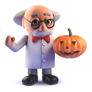 Bir Halloween balkabağı tutan 3d deli deli bilim adamı karakter