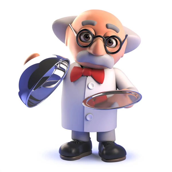 Gümüş tabak vip hizmeti ile Komik karikatür 3d deli bilim adamı karakteri — Stok fotoğraf