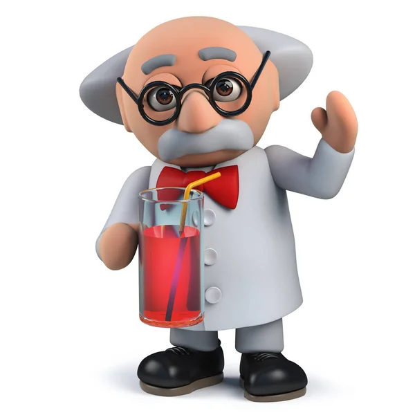 Őrült tudós karakter 3D-ben iszik egy pohár szalmával — Stock Fotó