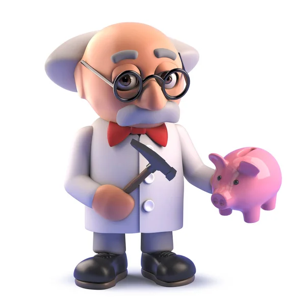 만화 미친 과학자 교수 준비 그의 돼지 저금통, 3D 그림 — 스톡 사진